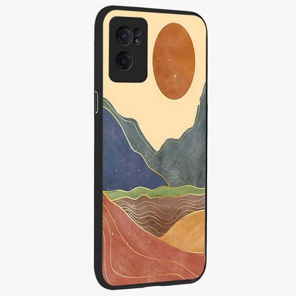 Abstract Mountain Glow Glass Case for 1+Nord CE 2  angled mockup showcasing glossy glass finish and scenic gradient tones