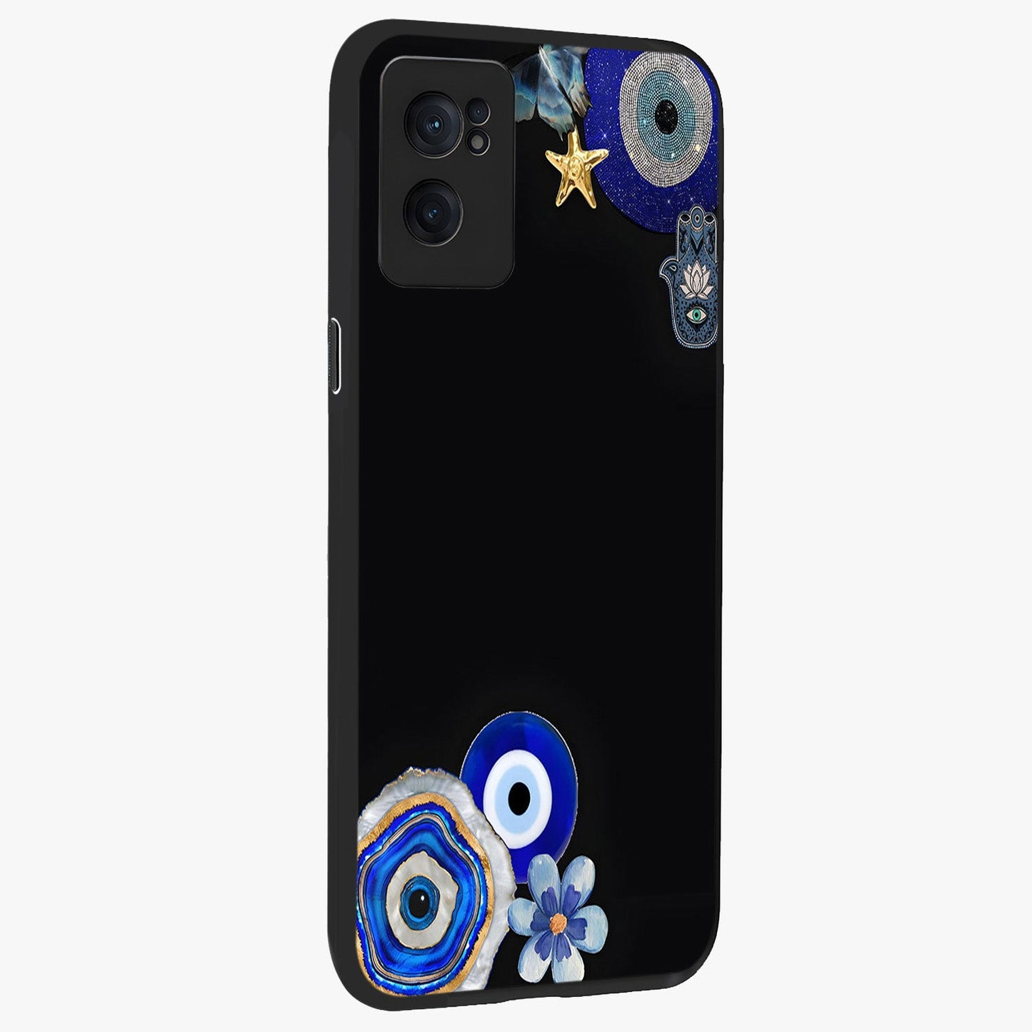 Aesthetic Blue Evil Eye Glass Case for 1+Nord Ce 2  angled mockup showcasing glossy finish and protective symbol design