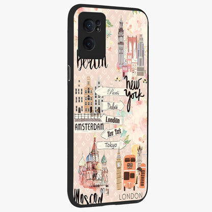 Aesthetic Travel Glass Case for 1+Nord CE 2  angled mockup showcasing glossy finish and adventure themed design