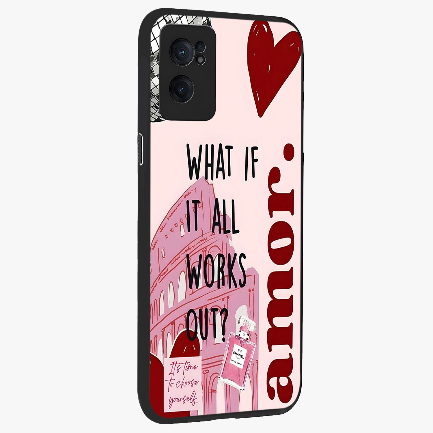 Amor Memory Scrapbook Glass Case for 1+Nord CE 2  angled mockup showcasing glossy finish and layered memory collage design
