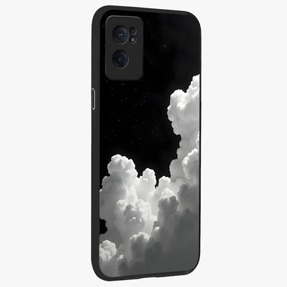 Black Background With White Cloud Glass Case for 1+Nord CE 2  angled mockup showcasing glossy finish and high contrast design