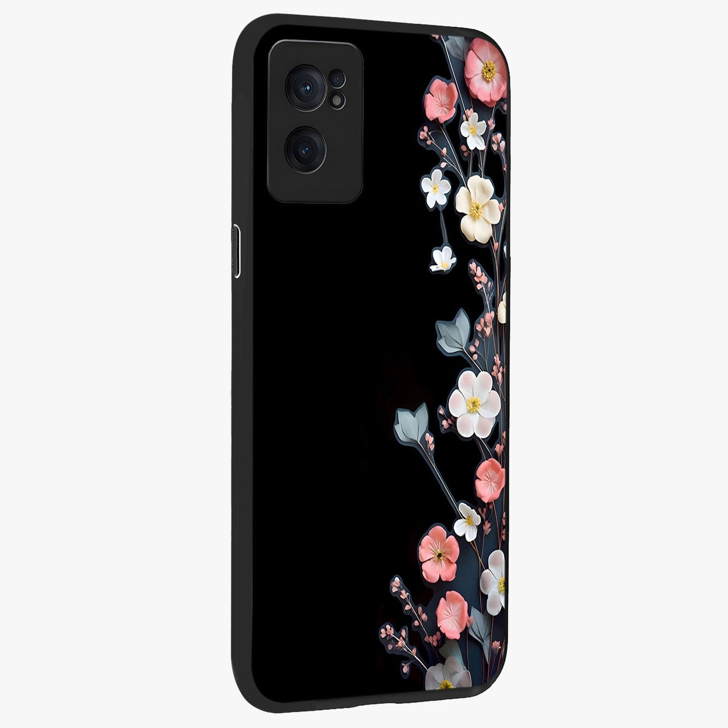 Black Elegance Floral Custom Name Glass Case for 1+Nord CE 2  angled mockup showcasing glossy finish and sophisticated black theme