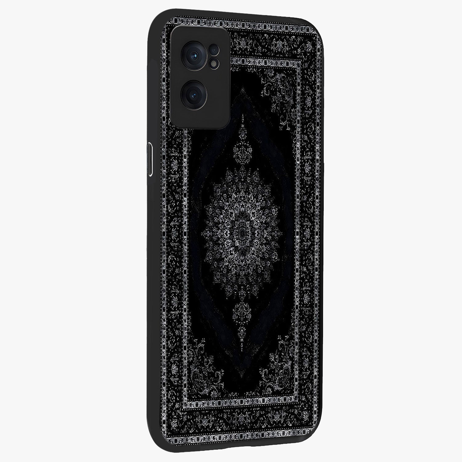 Black Persian Carpet Glass Case for 1+Nord CE 2  angled mockup showcasing glossy finish and detailed ornamental design