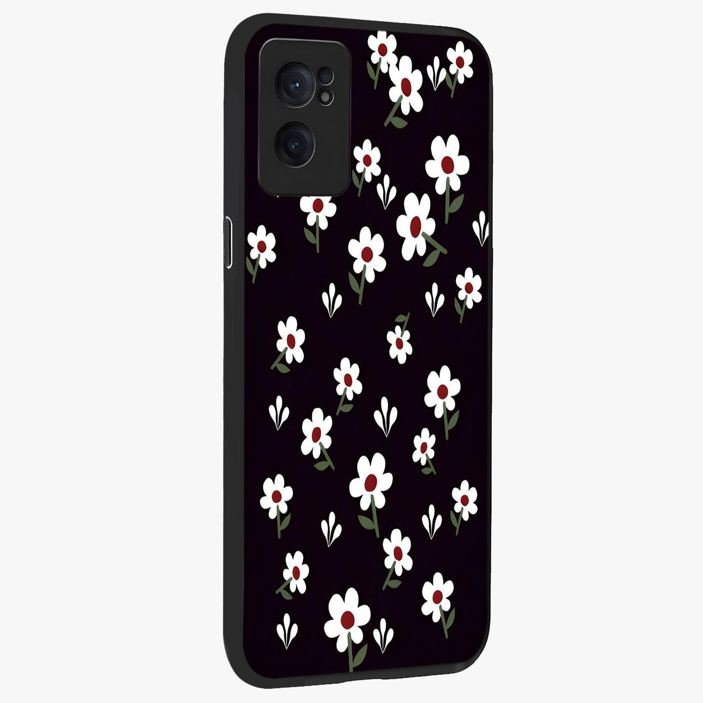 Black Prints Daisy Flower Pattern Glass Case for 1+Nord Ce 2  angled mockup showcasing glossy finish and bold floral contrast