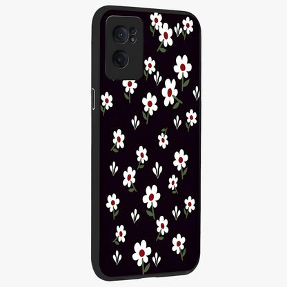 Black Prints Daisy Flower Pattern Glass Case for 1+Nord Ce 2  angled mockup showcasing glossy finish and bold floral contrast