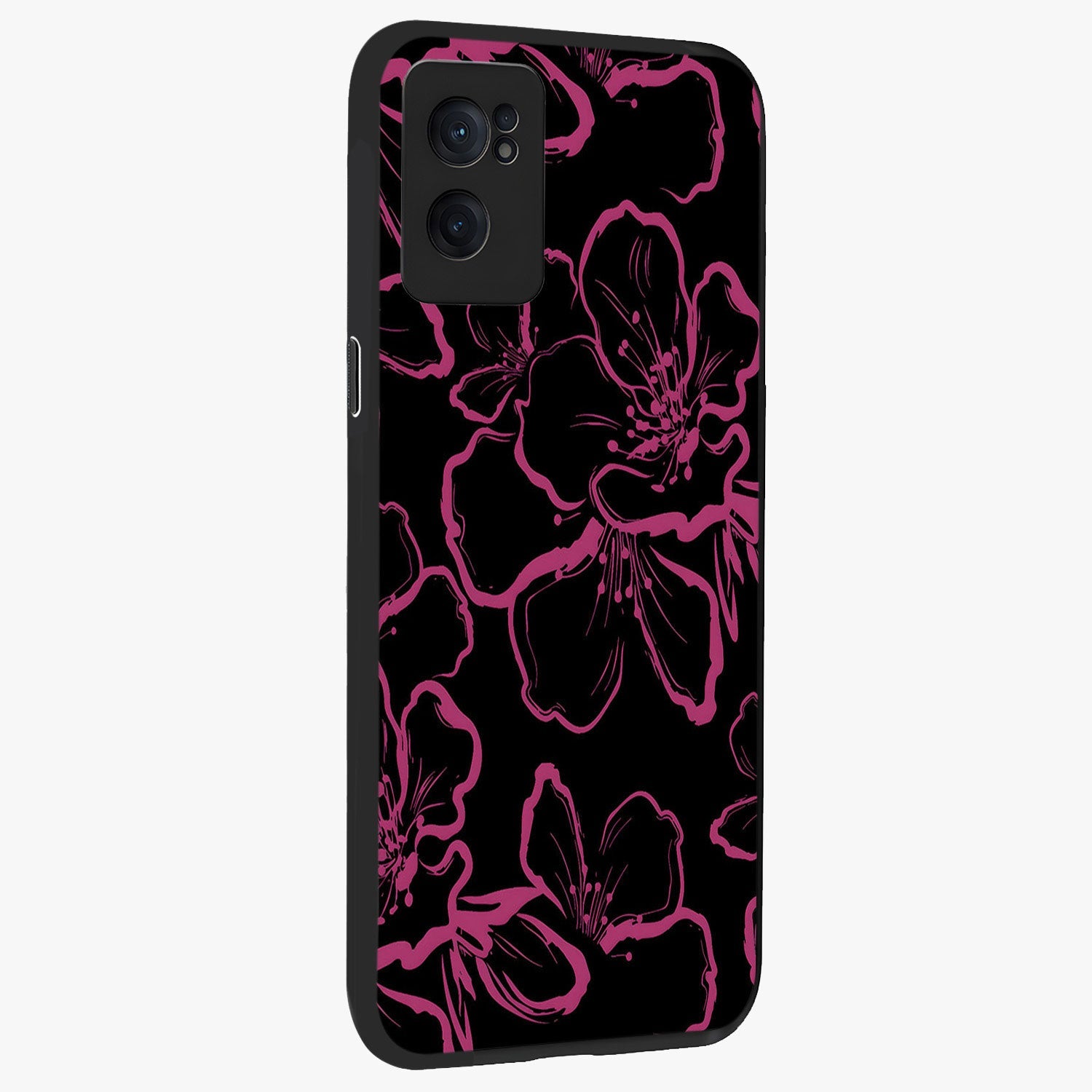 Black Violet Sketch Garden Glass Case for 1+Nord CE 2  angled mockup showcasing glossy finish and hand drawn garden design