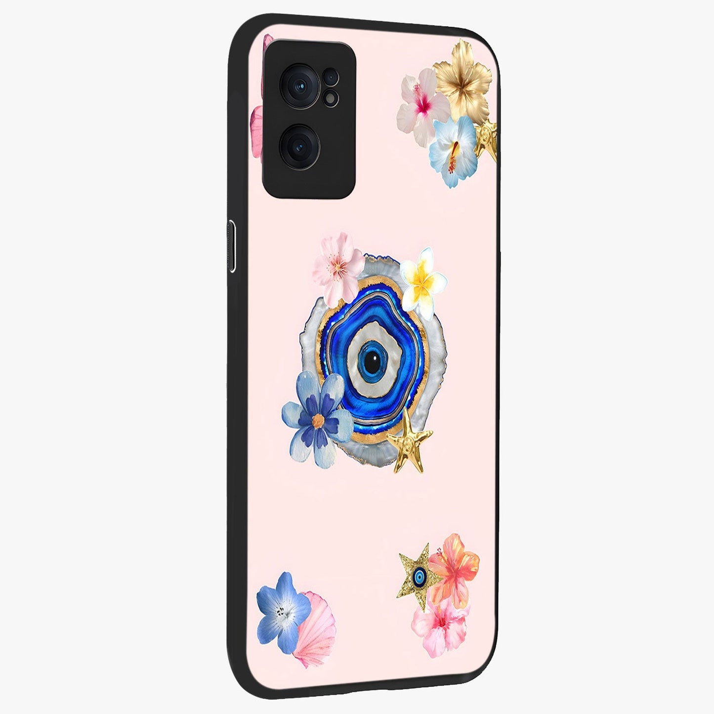 Blossom Evil Charm Glass Case for 1+Nord CE 2  angled mockup showcasing glossy finish and protective charm design