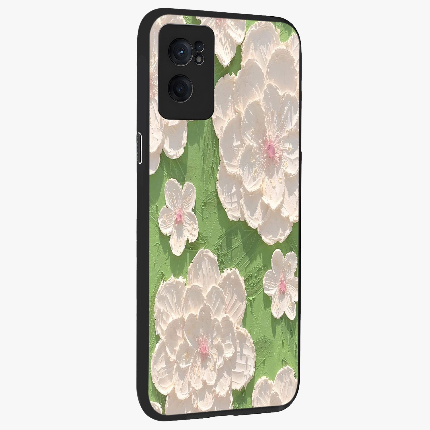 Blossom Meadow Dreams Glass Case for 1+Nord CE 2  angled mockup showcasing glossy finish and pastel bloom textures