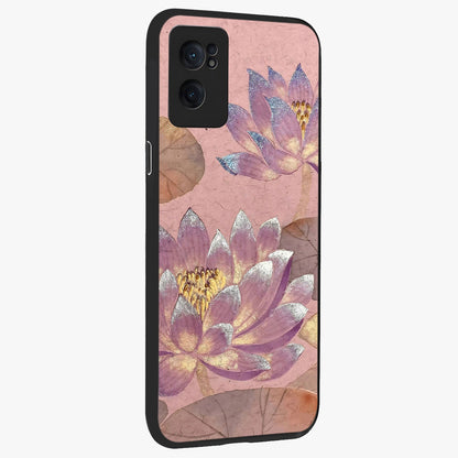 Blossom Mist Lotus Glass Case for 1+Nord Ce 2  angled mockup showcasing glossy finish and peaceful floral detailing