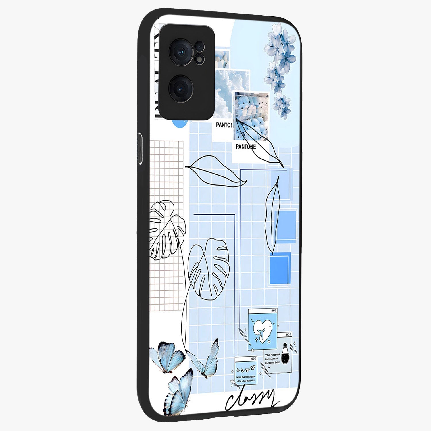 Blue Aesthetic Flower Glass Case for 1+Nord CE 2  angled mockup showcasing glossy finish and delicate bloom design