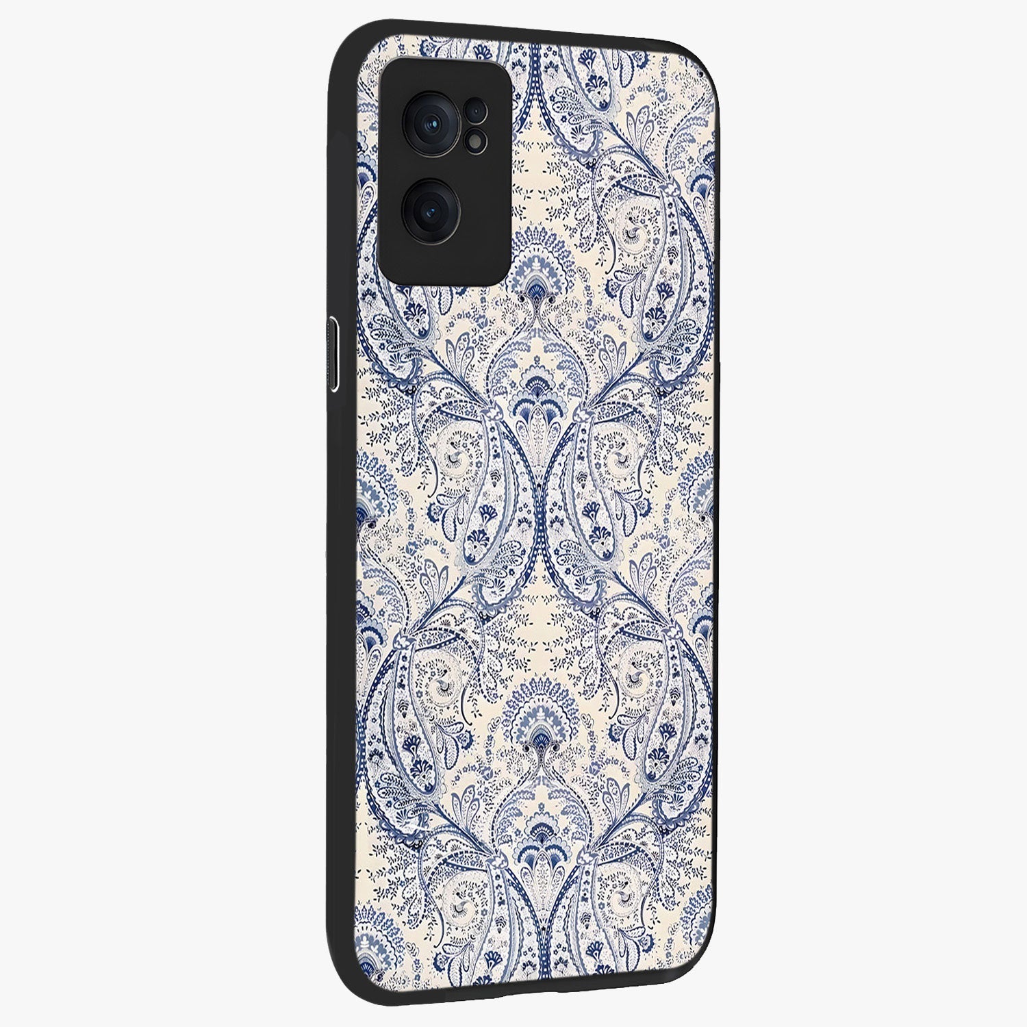 Blue Paisley Bloom Glass Case for 1+Nord CE 2  angled mockup showcasing glossy finish and detailed ornamental design