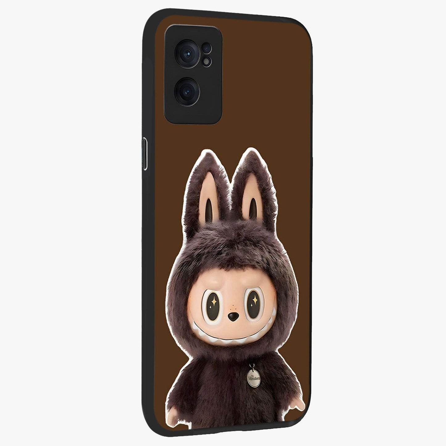 Brown Labubu Design Glass Case for 1+Nord Ce 2  angled mockup showcasing glossy finish and detailed cartoon illustration