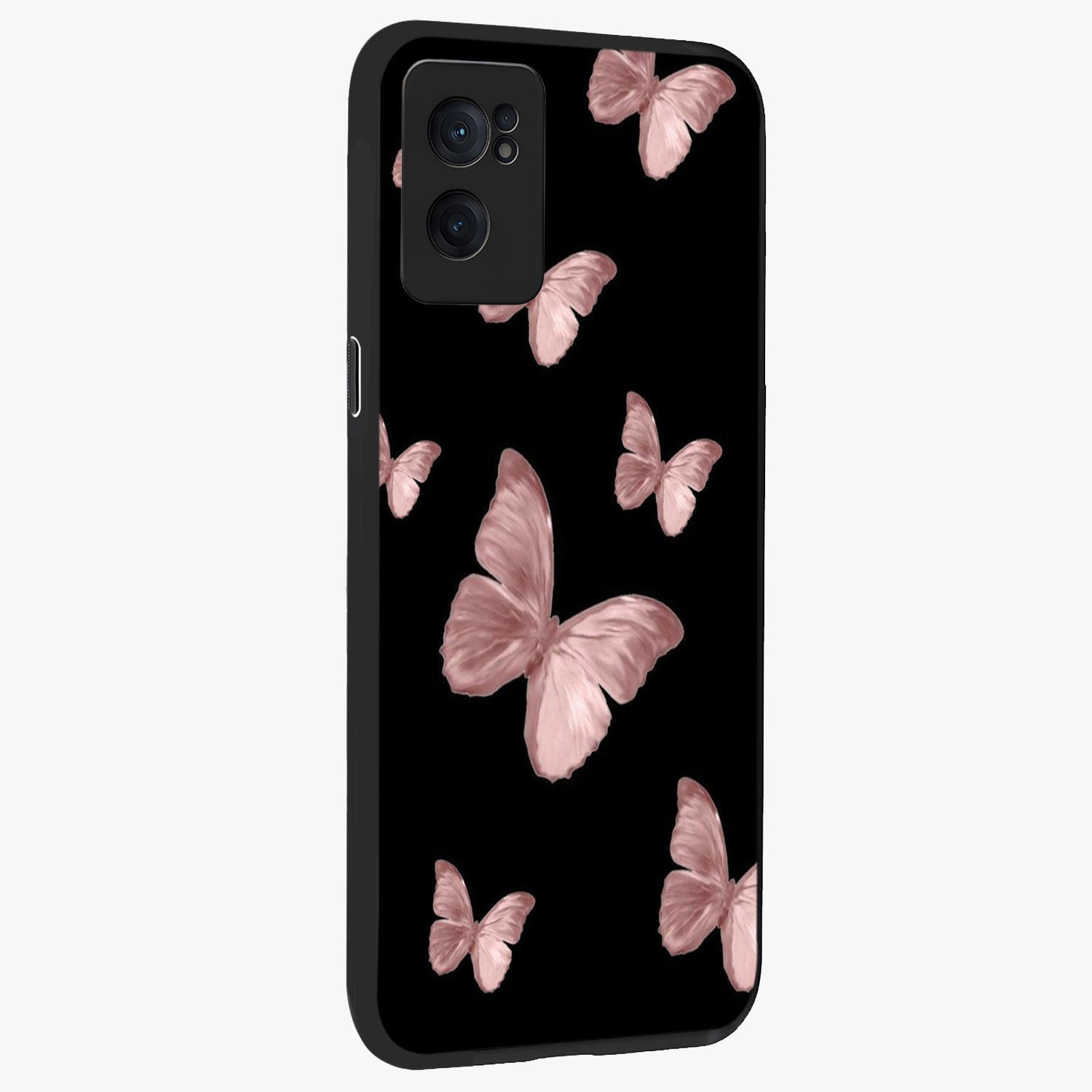Butterfly Pattern Glass Case for 1+Nord CE 2  angled mockup showcasing glossy glass finish and delicate wing design