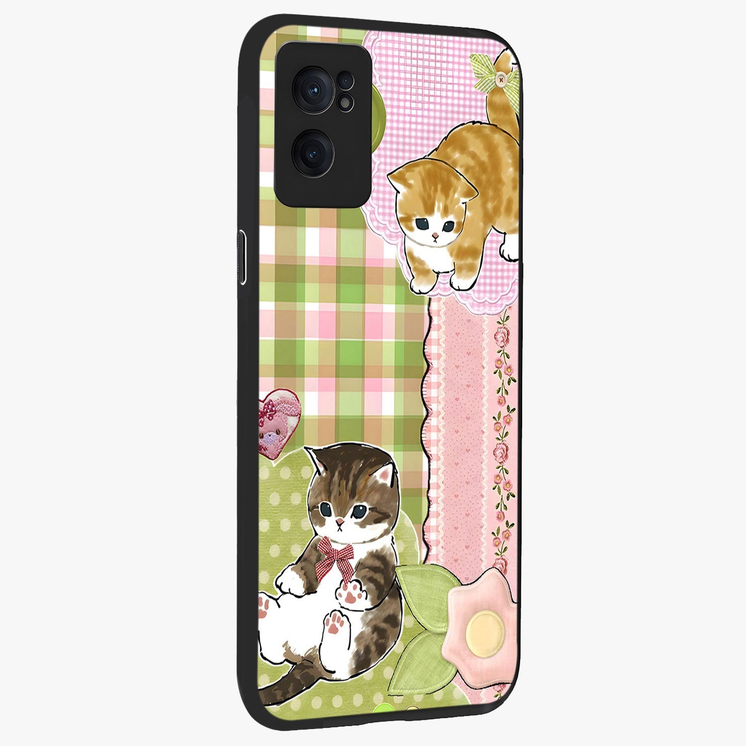 Cats Sweet Button Glass Case for 1+Nord CE 2  angled mockup showcasing glossy finish and charming character design