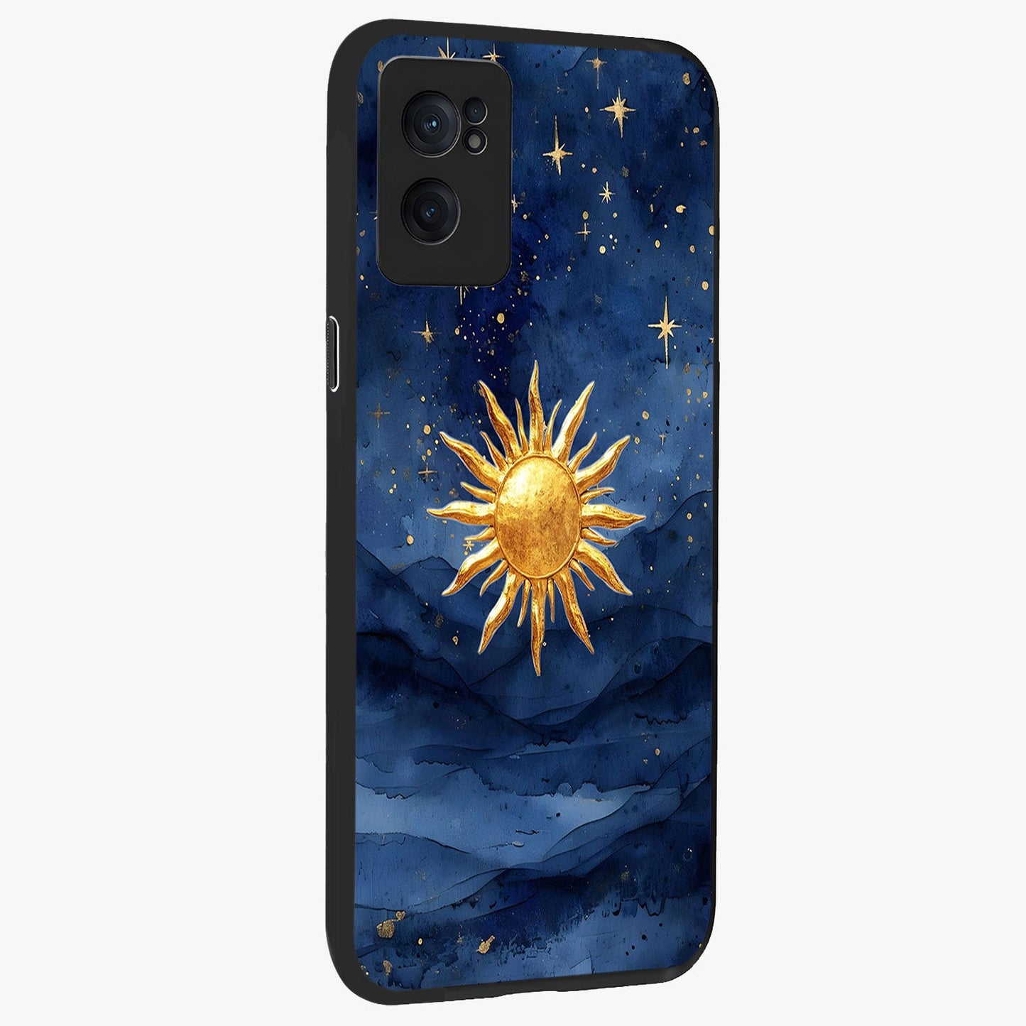 Celestial Blue Glow Glass Case for 1+Nord CE 2  angled mockup showcasing glossy finish and luminous celestial tones