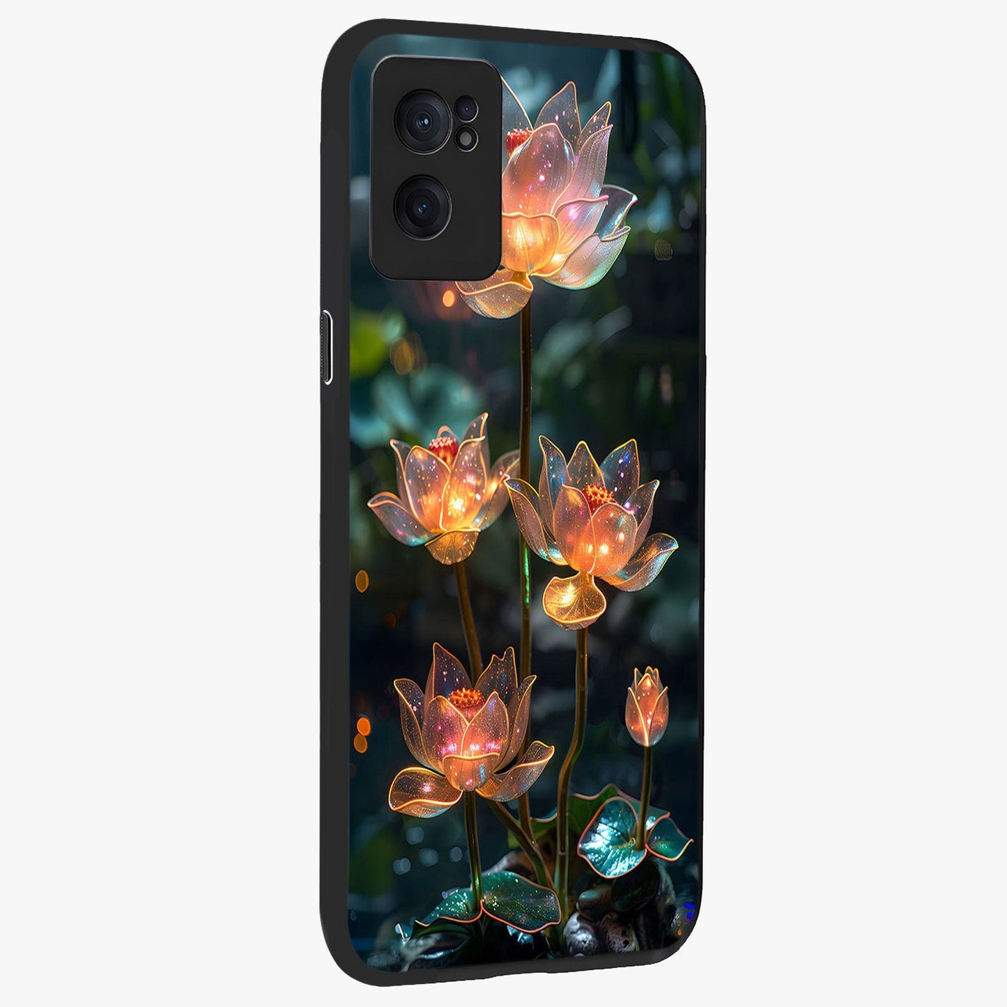 Celestial Lotus Light Glass Case for 1+Nord CE 2  angled mockup showcasing glossy finish and radiant celestial tones