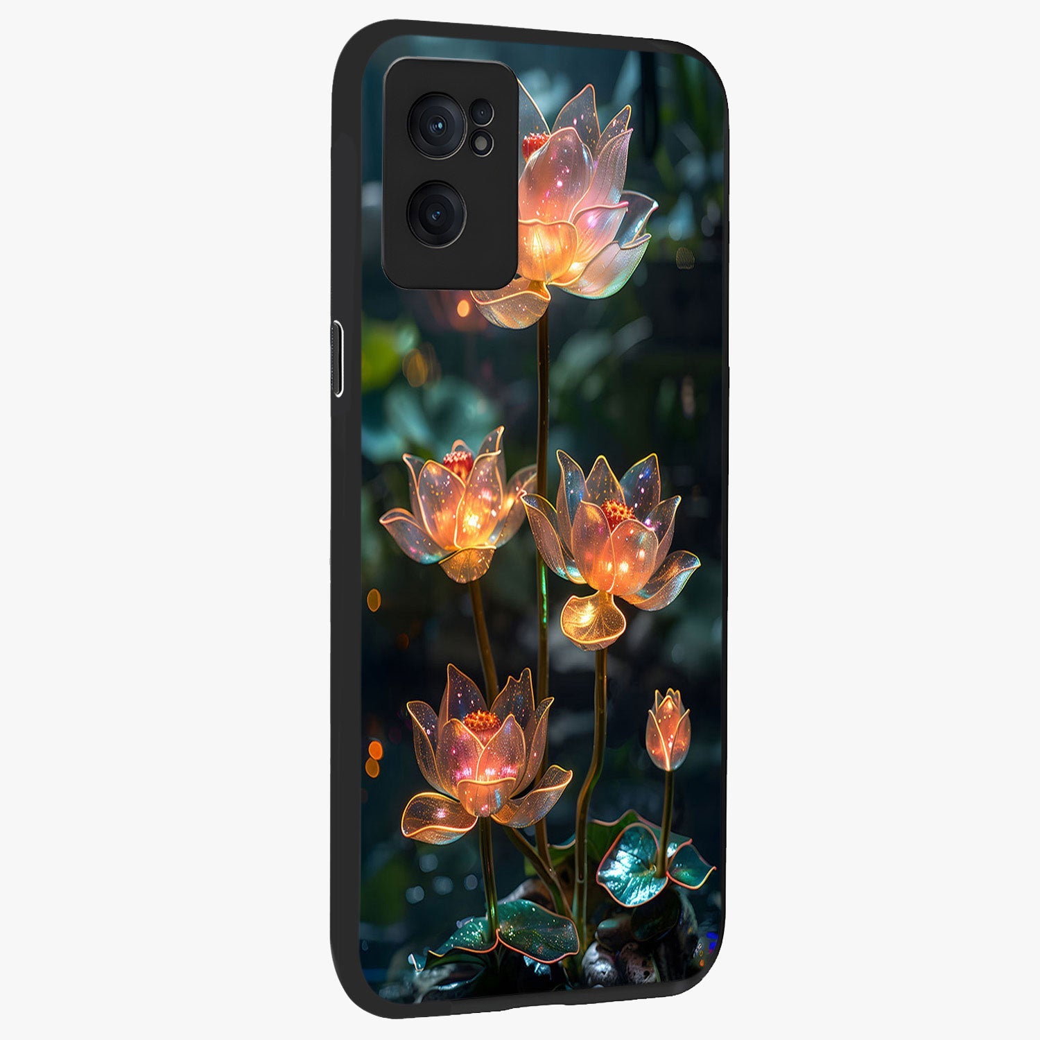 Celestial Lotus Light Glass Case for 1+Nord CE 2  angled mockup showcasing glossy finish and radiant celestial tones
