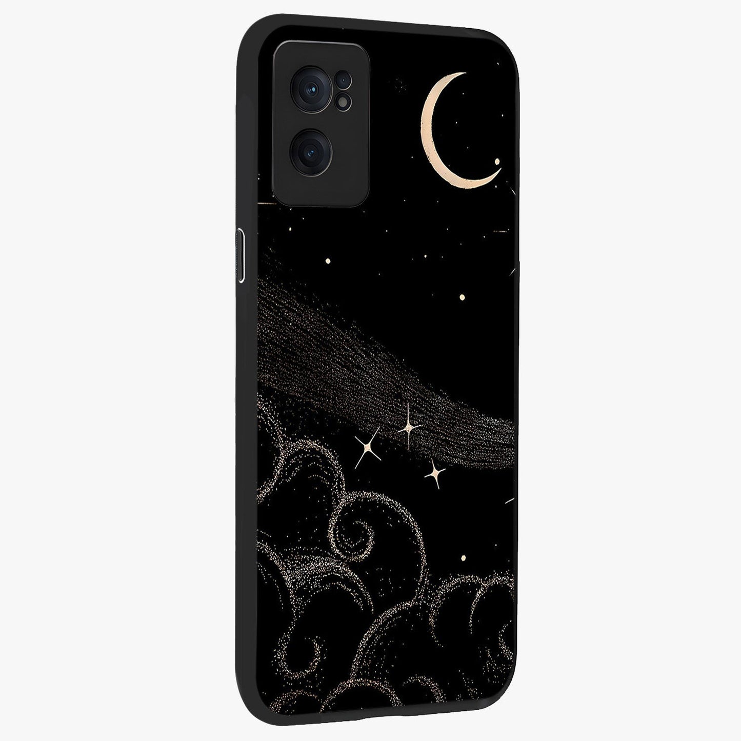 Celestial Midnight Veil Glass Case for 1+Nord CE 2  angled mockup showcasing glossy finish and dark celestial gradients