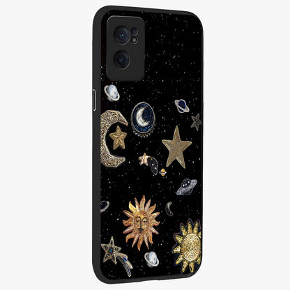 Celestial Star Charm Glass Case for 1+Nord CE 2  angled mockup showcasing glossy finish and shimmering celestial tones