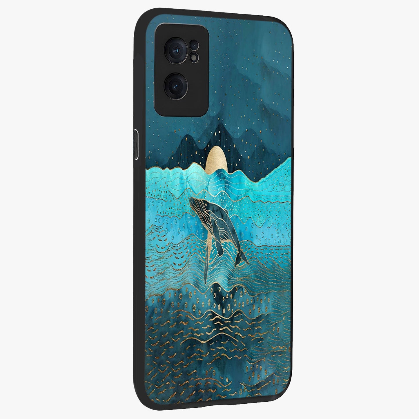 Celestial Whale Voyage Glass Case for 1+Nord CE 2  angled mockup showcasing glossy finish and deep celestial tones