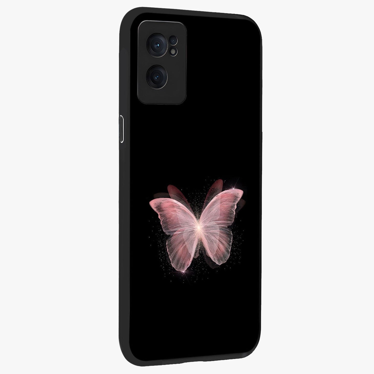 Celestial Wings Butterfly Glass Case for 1+Nord CE 2  angled mockup showcasing glossy finish and luminous wing detailing