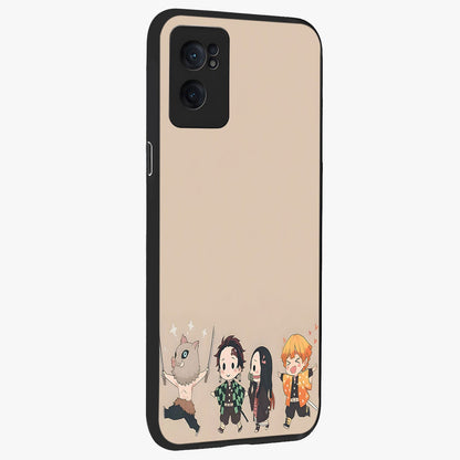 Chibi Demon Squad Glass Case for 1+Nord CE 2  angled mockup showcasing glossy finish and vibrant anime inspired design