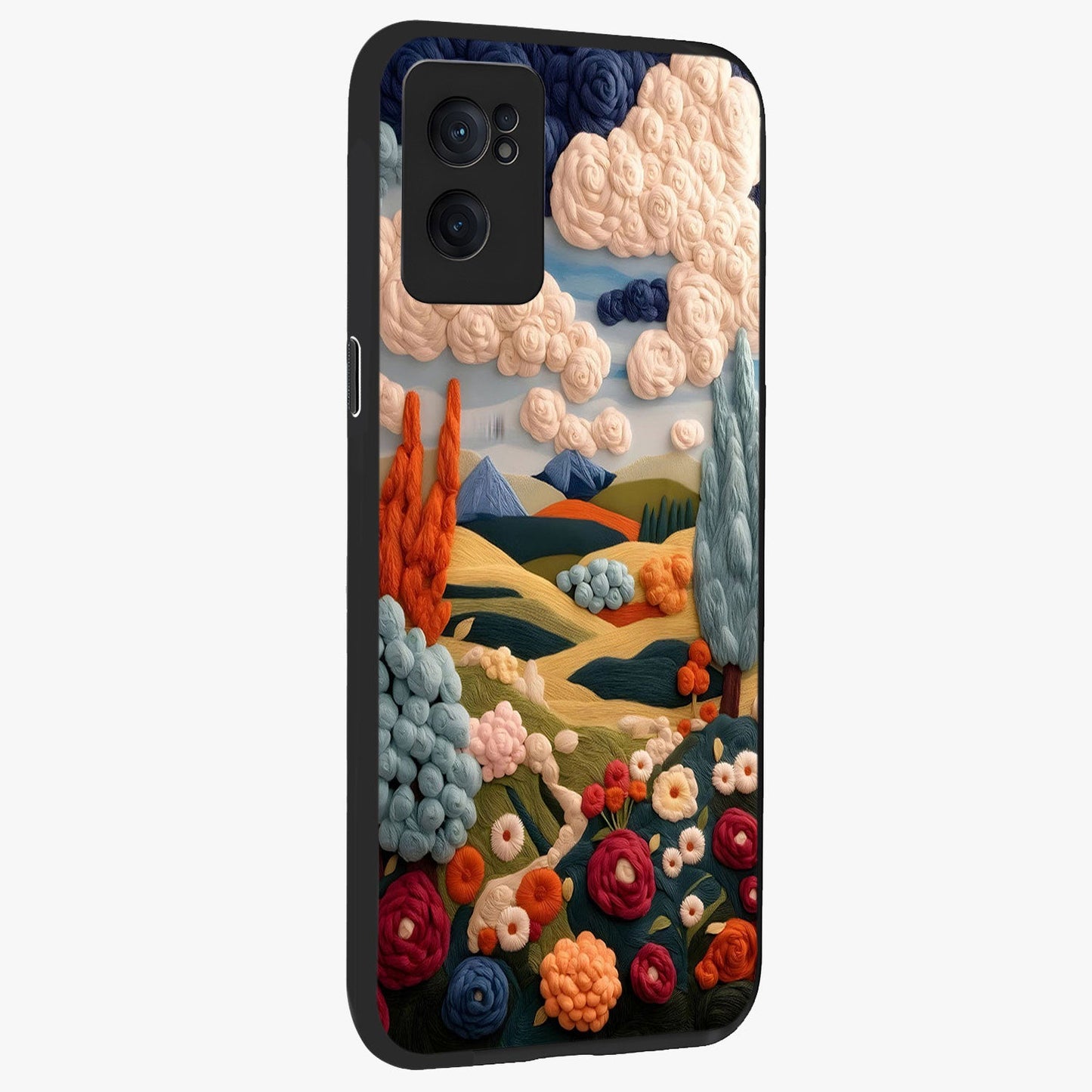 Cloud Cotton Meadows Printed Glass Case for 1+Nord CE 2  angled mockup showcasing glossy glass finish and airy pastel design