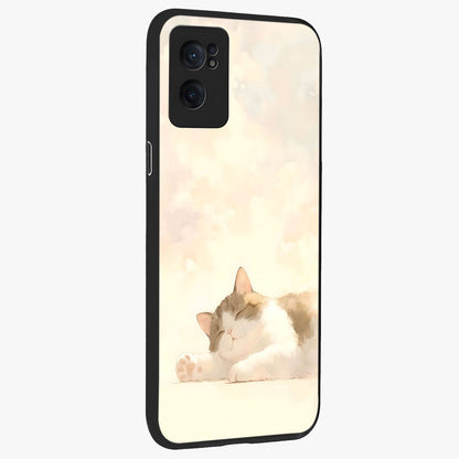 Cloud Nap Cat Glass Case for 1+Nord CE 2  angled mockup showcasing glossy finish and cozy pastel tones