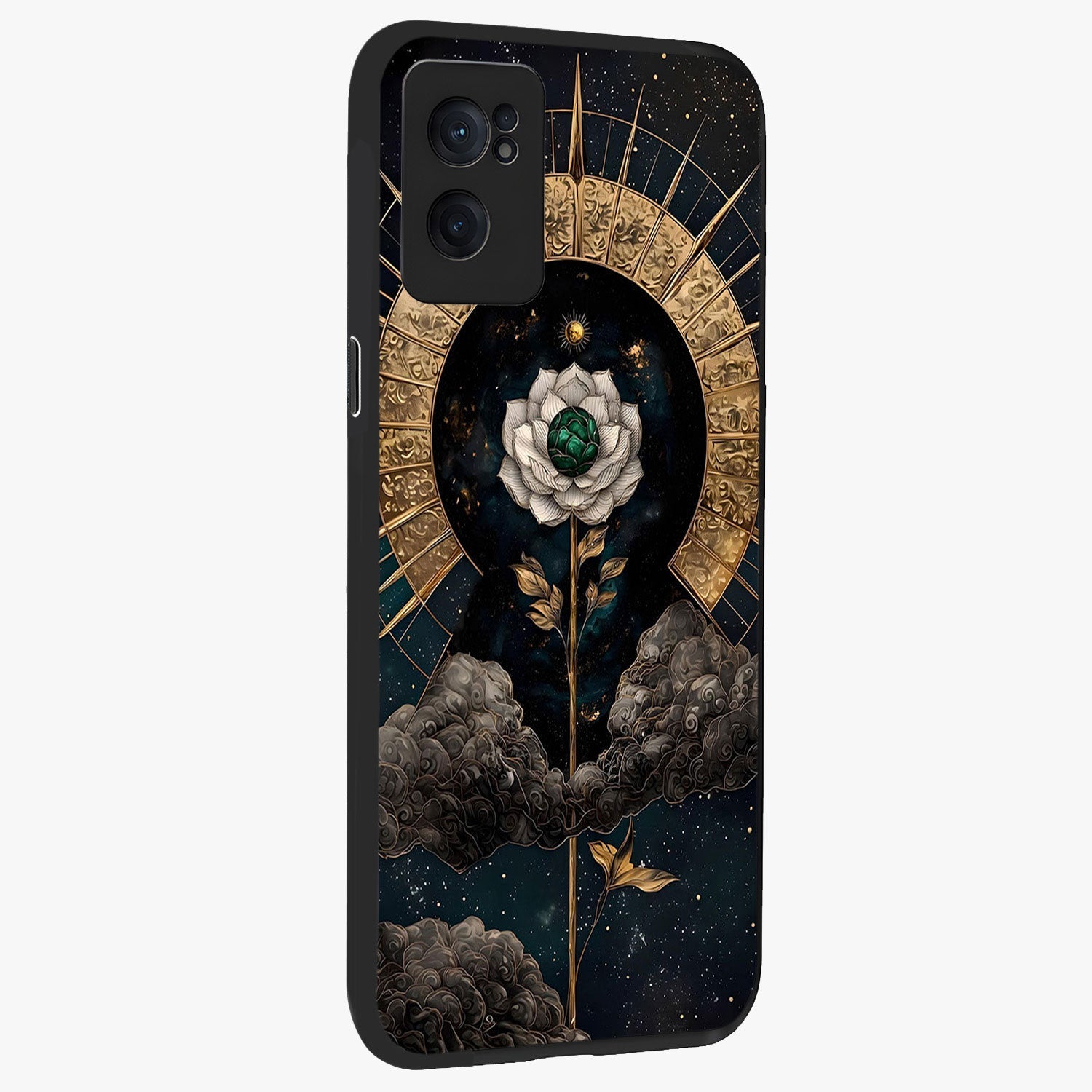Cosmic Bloom Rose Glass Case for 1+Nord CE 2  angled mockup showcasing glossy finish and vibrant celestial floral tones