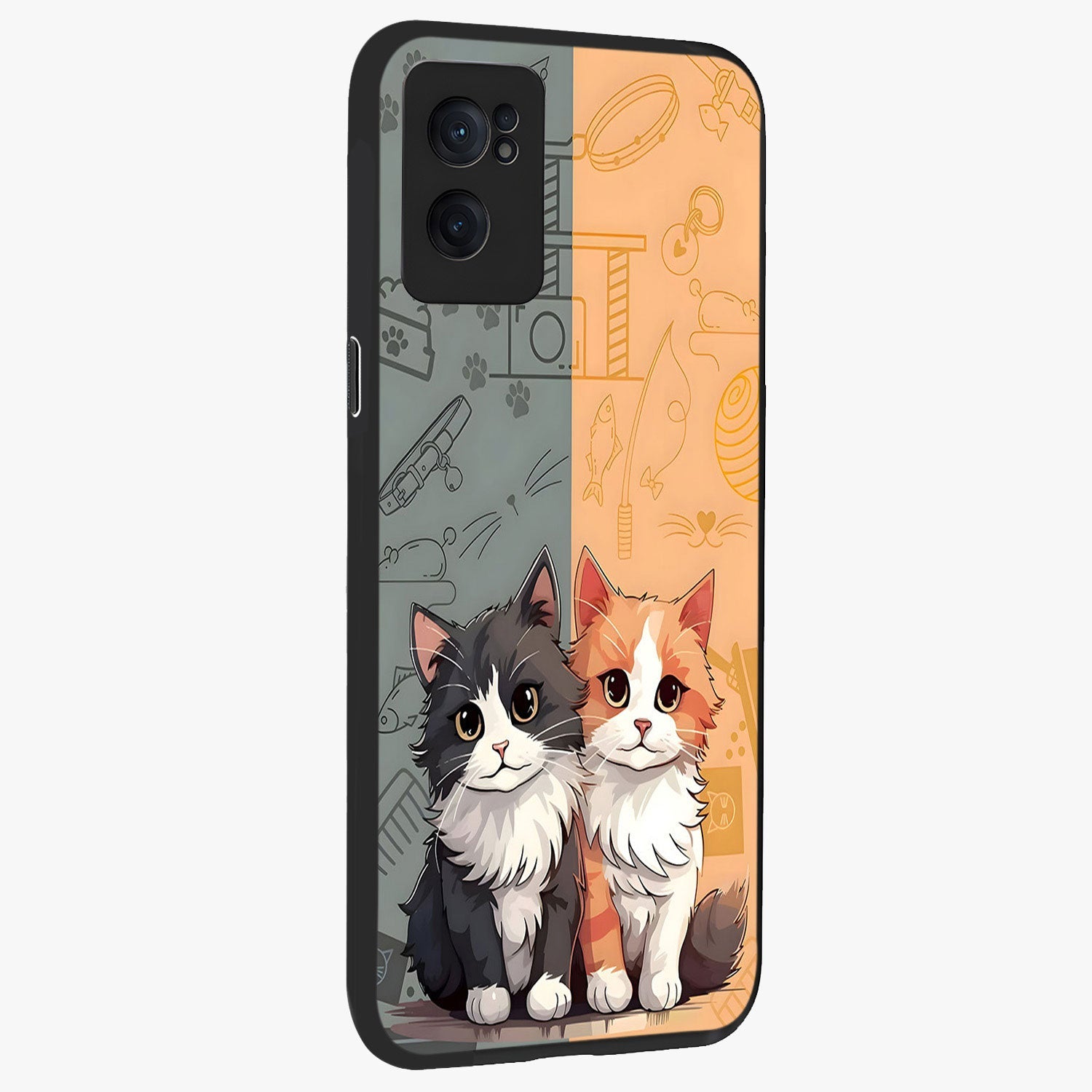 Cozy Cat Duo Glass Case for 1+Nord CE 2  angled mockup showcasing glossy finish and charming pastel tones