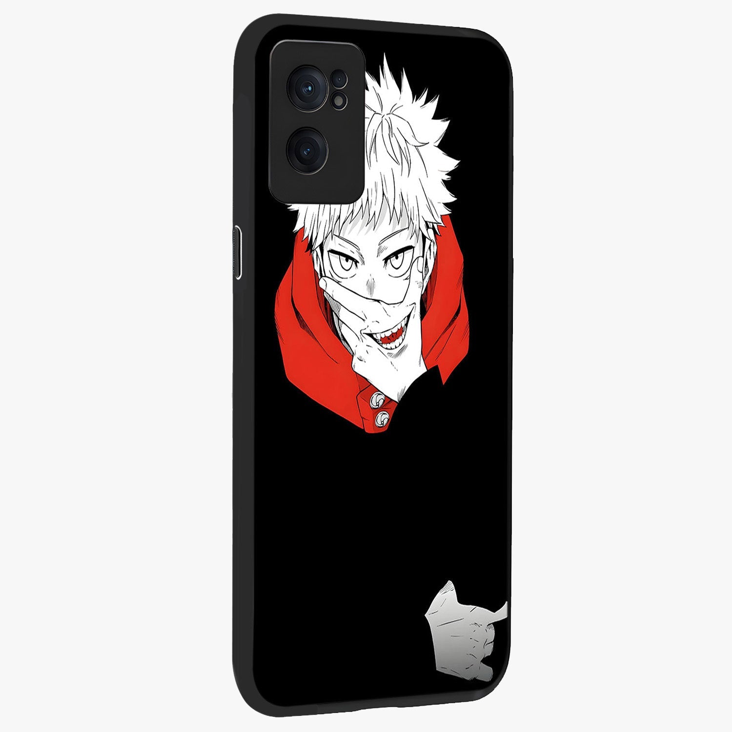 Crimson Chaos Smile Glass Case for 1+Nord CE 2  angled mockup showcasing glossy finish and dramatic red detailing