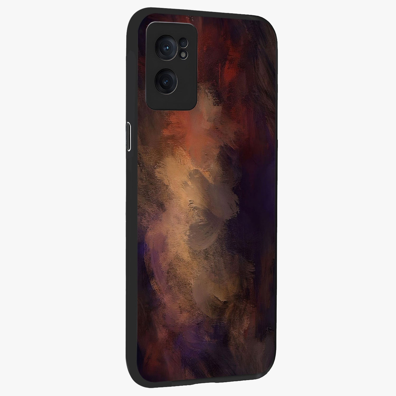 Crimson Dusk Whirl Glass Case for 1+Nord CE 2  angled mockup showcasing glossy finish and bold abstract motion design