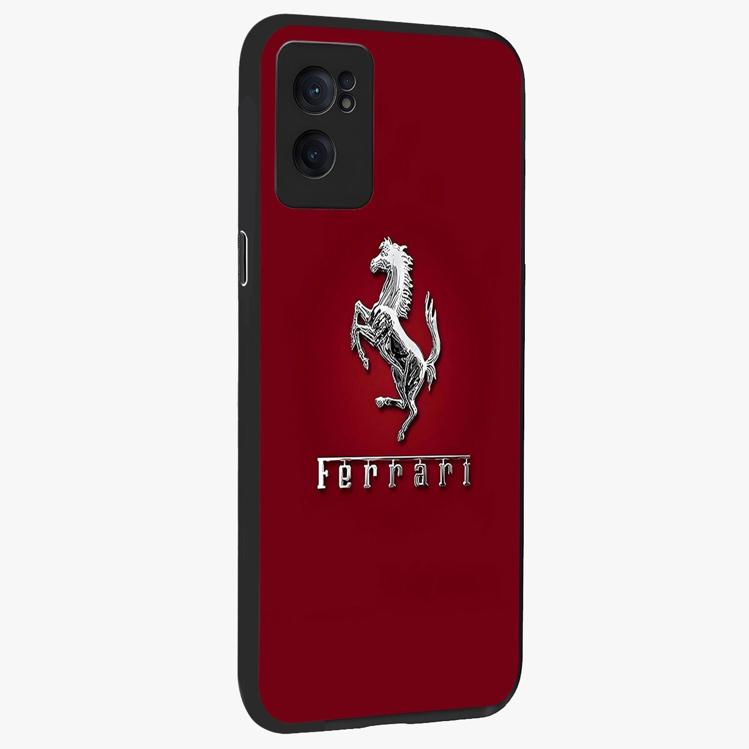 Crimson Stallion Prestige Glass Case for 1+Nord CE 2  angled mockup showcasing glossy finish and bold equestrian detailing