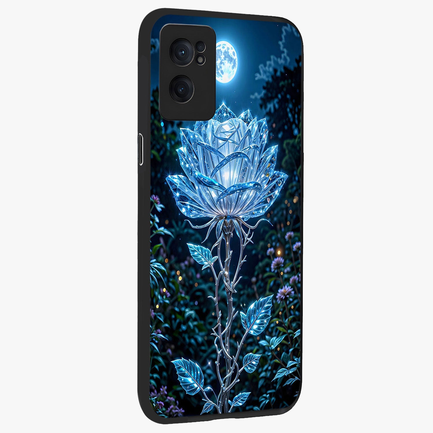 Crystal Moon Lotus Glass Case for 1+Nord CE 2  angled mockup showcasing glossy glass finish and luminous floral detailing