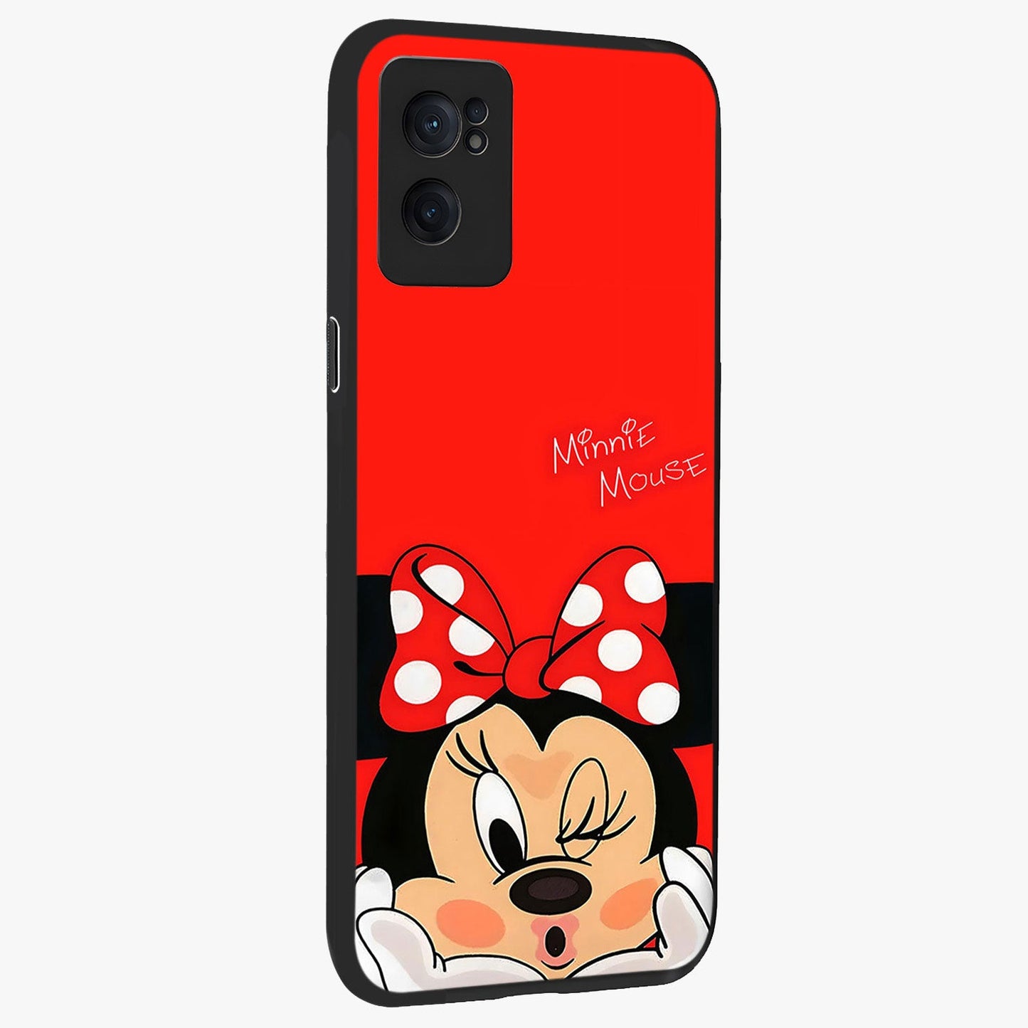Cute Minnie Love Glass Case for 1+Nord Ce 2  angled mockup showcasing glossy glass finish and vibrant character detailing