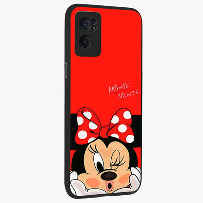 Cute Minnie Love Glass Case for 1+Nord Ce 2  angled mockup showcasing glossy glass finish and vibrant character detailing