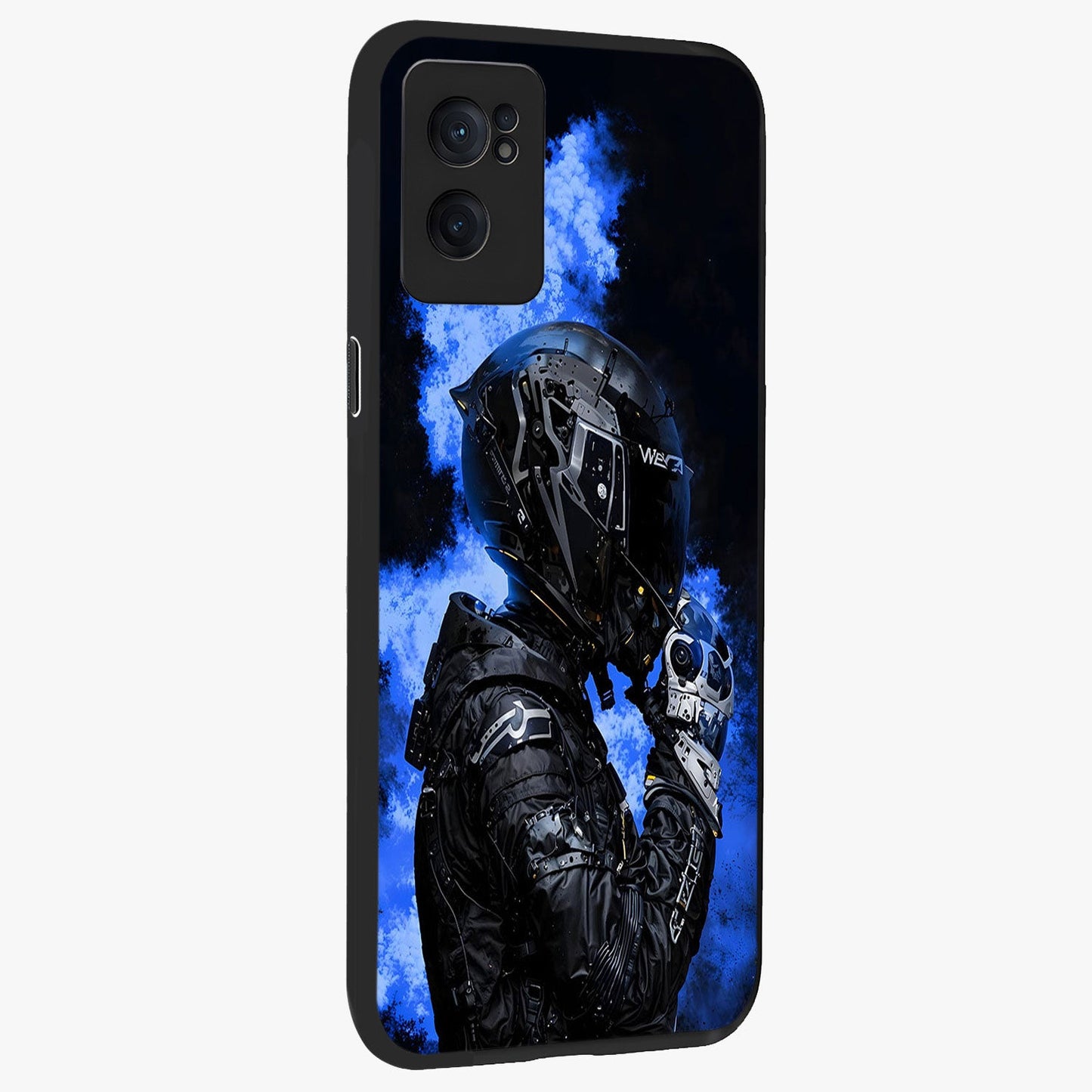 Cyber Sentinel Protocol Glass Case for 1+Nord CE 2  angled mockup showcasing glossy finish and high tech neon detailing