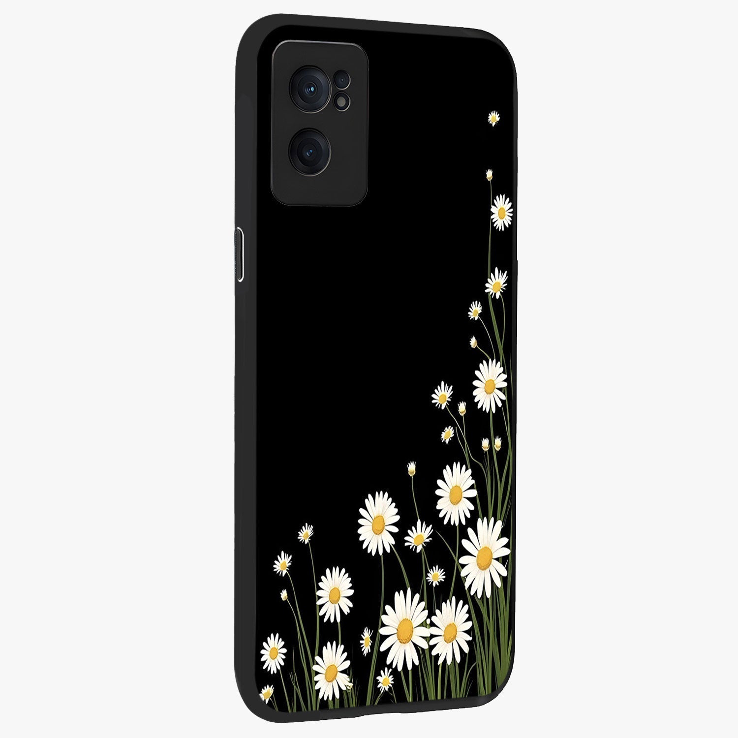 Daisy Cascade on Black Glass Case for 1+Nord CE 2  angled mockup showcasing glossy finish and bold floral contrast