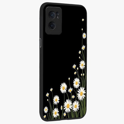 Daisy Cascade on Black Glass Case for 1+Nord CE 2  angled mockup showcasing glossy finish and bold floral contrast