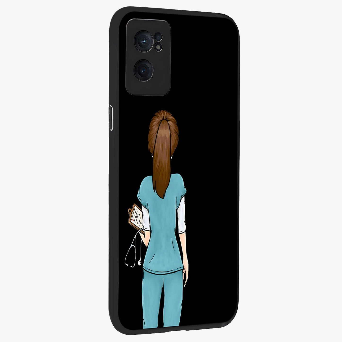 Doctor Pattern Custom Name Glass Case for 1+Nord CE 2  angled mockup showcasing glossy finish and detailed pattern elements