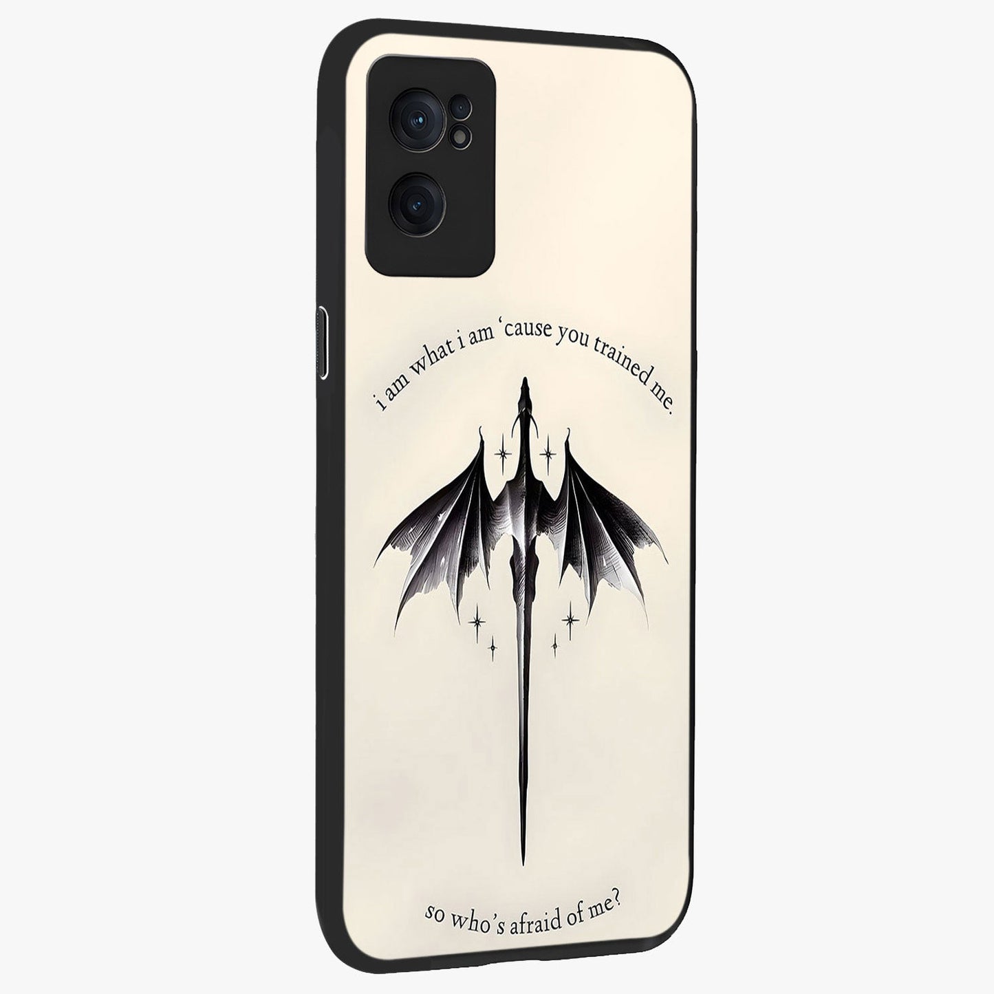 Dragon Quote Art Glass Case for 1+Nord CE 2  angled mockup showcasing glossy finish and powerful fantasy detailing