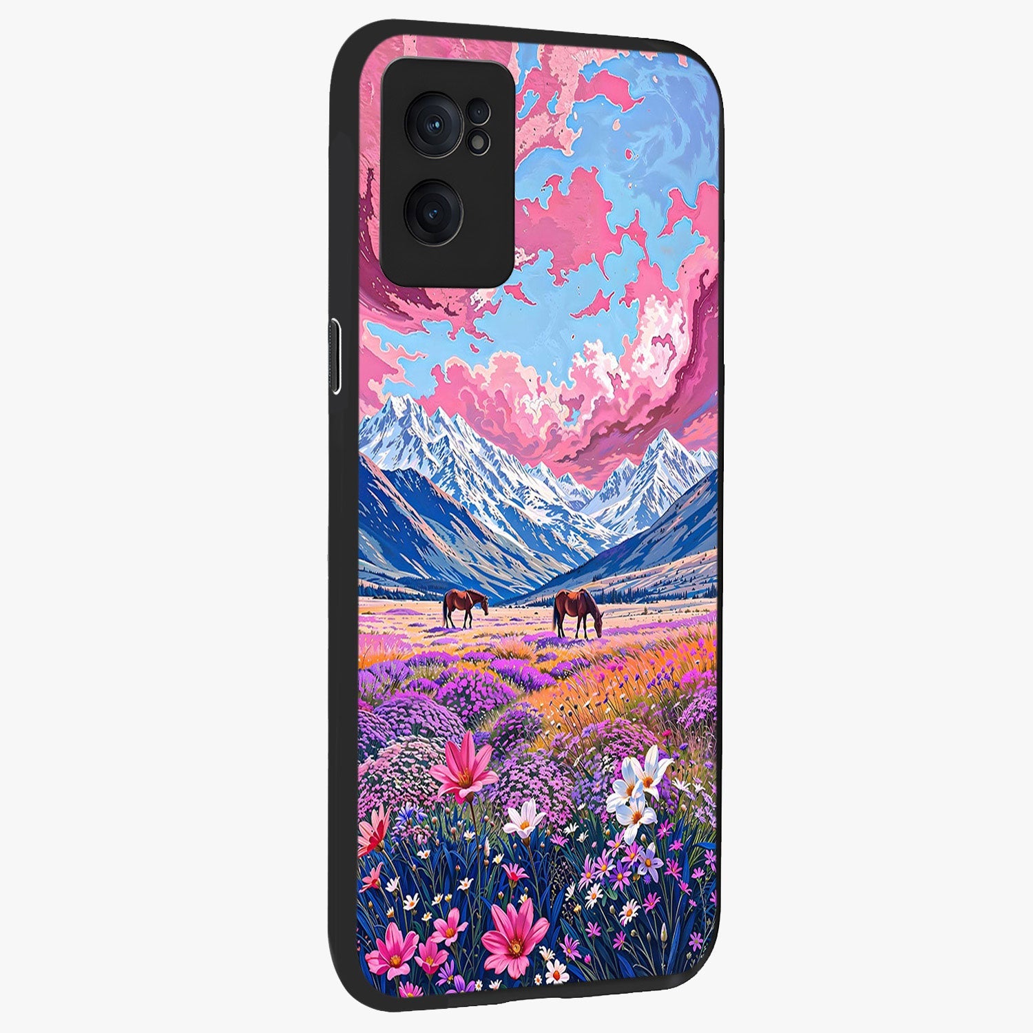 Dreamy Floral Pastures Glass Case for 1+Nord CE 2  angled mockup showcasing glossy finish and gentle bloom textures