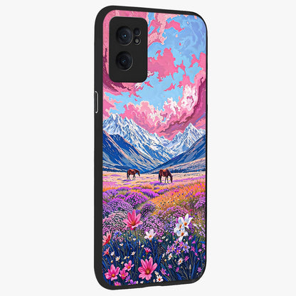 Dreamy Floral Pastures Glass Case for 1+Nord CE 2  angled mockup showcasing glossy finish and gentle bloom textures