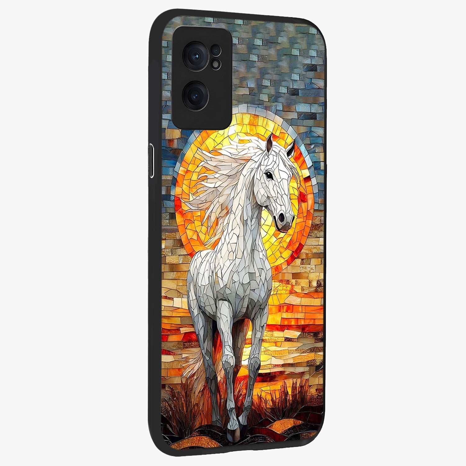 Elected Horse Glass Case for 1+Nord CE 2  angled mockup showcasing glossy finish and dynamic equestrian detailing