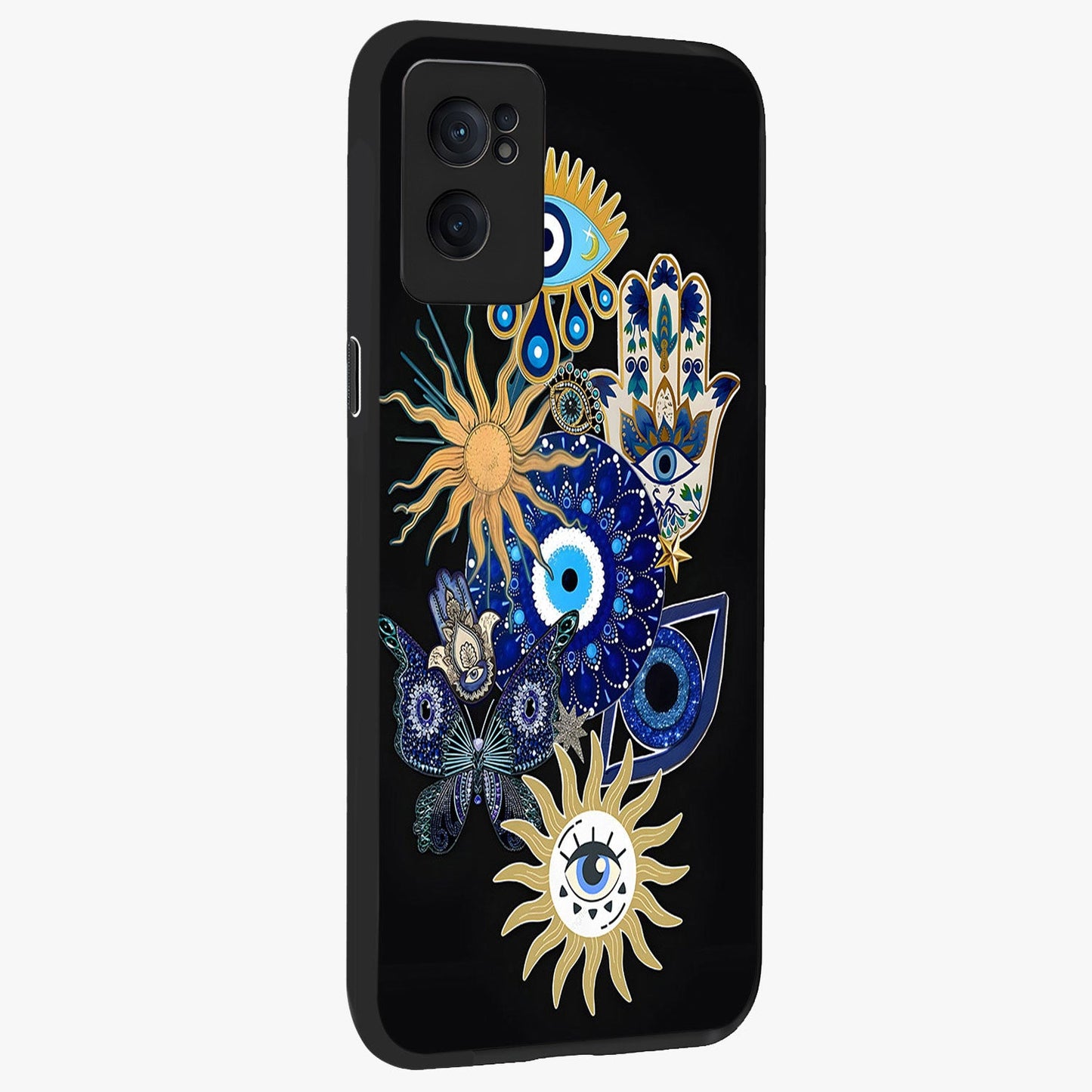 Evil Eye Charm Vibes Glass Case for 1+Nord Ce 2  angled mockup showcasing glossy finish and protective symbol detailing