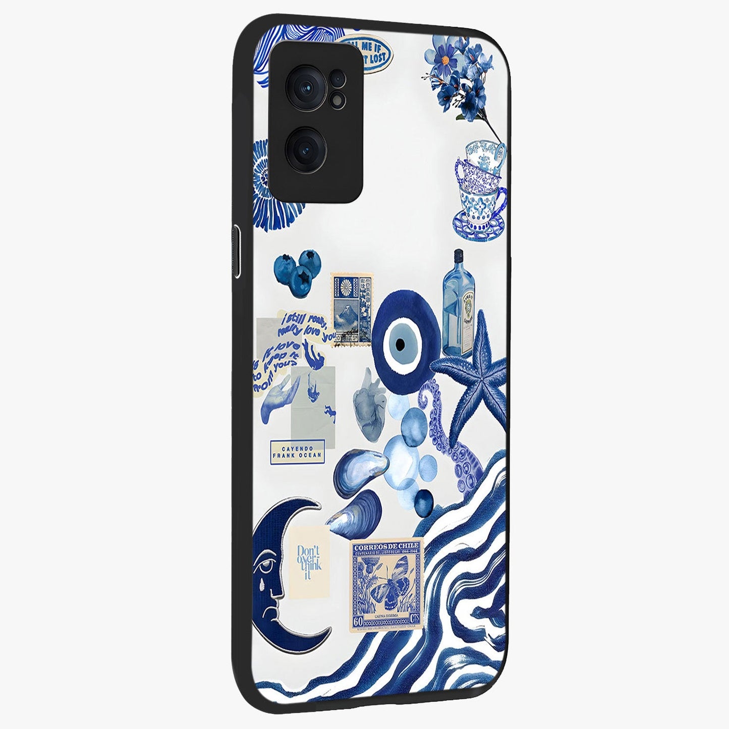 Evil Eyes Dark Blue Glass Case for 1+Nord Ce 2  angled mockup showcasing glossy finish and rich navy tones