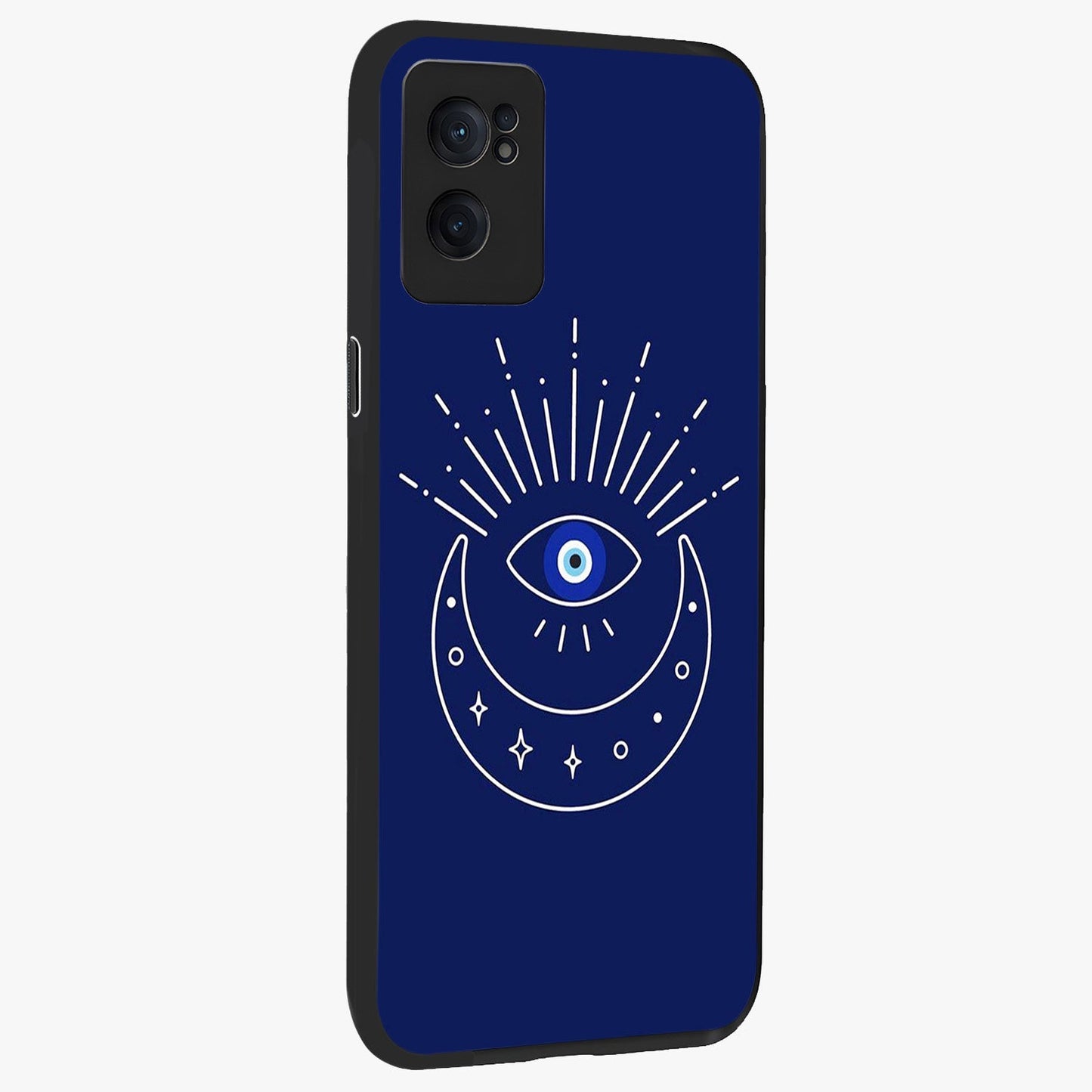 Evil Eye With Blue Themed Collage Glass Case for 1+Nord Ce 2  angled mockup showcasing glossy finish and layered blue textures