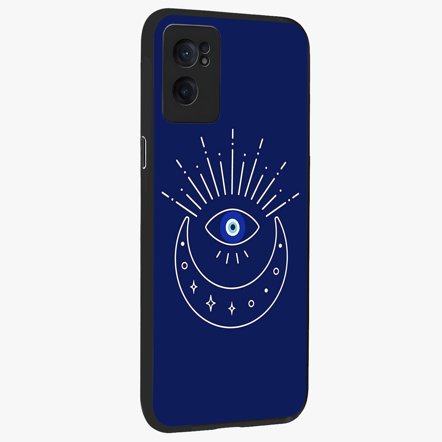 Evil Eye With Blue Themed Collage Glass Case for 1+Nord Ce 2  angled mockup showcasing glossy finish and layered blue textures