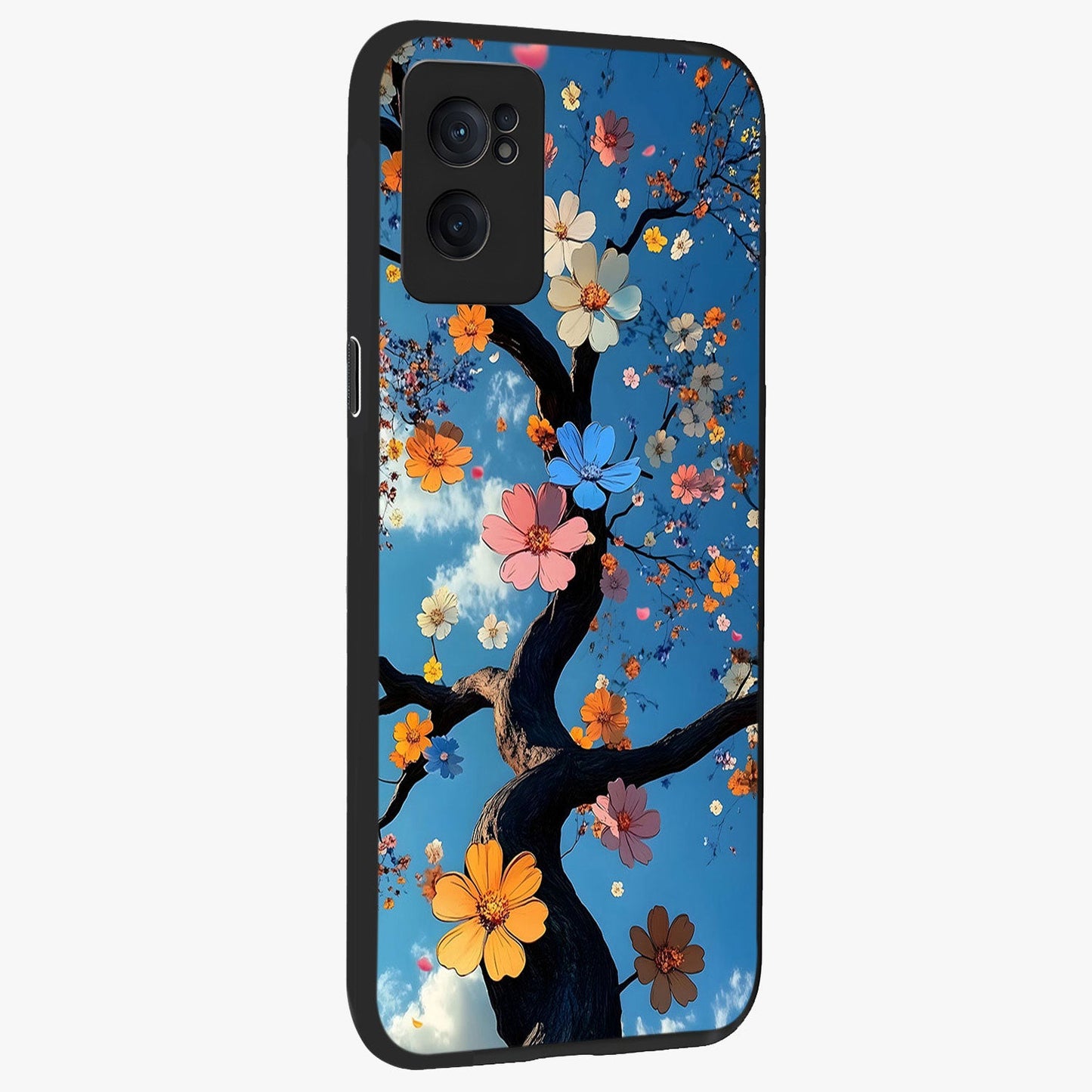 Floral Tree Glass Case for 1+Nord CE 2  angled mockup showcasing glossy finish and detailed branch textures