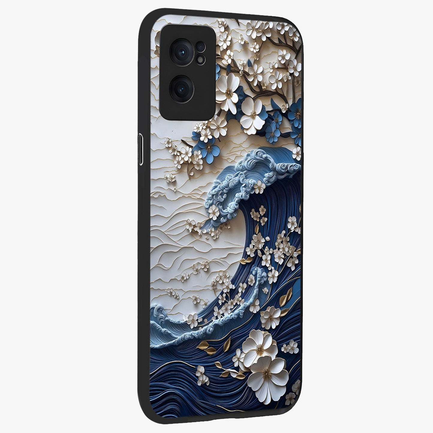 Floral Wave Origami Glass Case for 1+Nord CE 2  angled mockup showcasing glossy glass finish and geometric bloom detailing